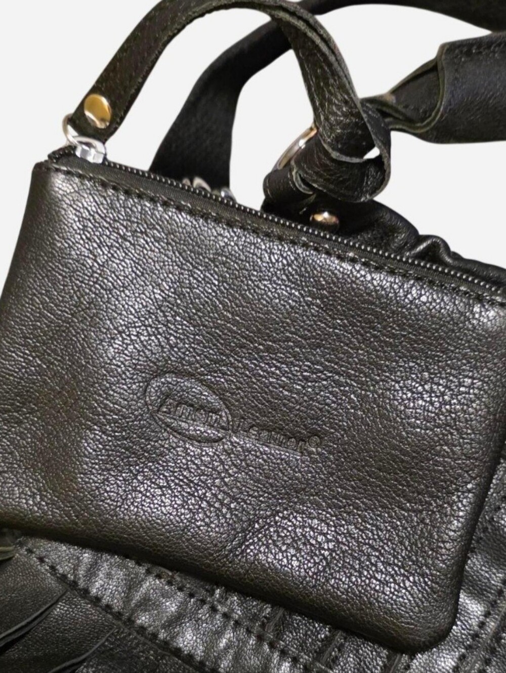 Luxe Lambskin Leather Silver Studded Fringe Shoulder Bag w/Matching Coin Pouch - Picture 2 of 15